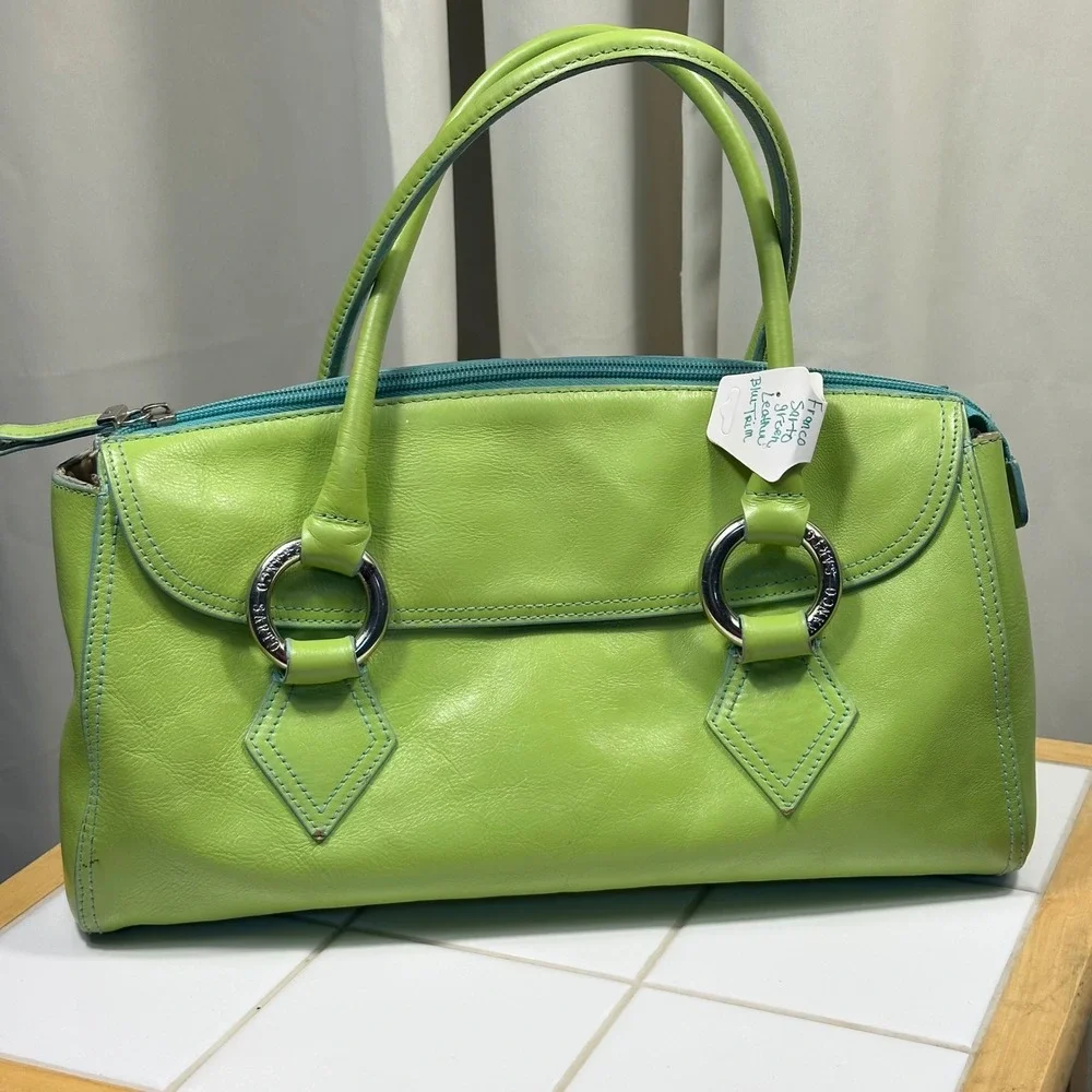 Franco Sarto Satchel Bag Womens Medium Lime Green Leather Blue Trim Excellent